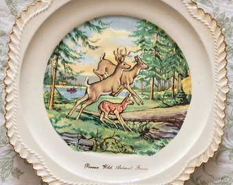 Pocono Wild Animal Farm Plate~1950s~scalloped edges~gold rim~deer wildlife graphics~8-1/4" diameter~gallery wall~naturecore