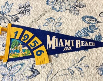 Miami Beach Florida 1956 felt souvenir pennant~kitchsy wall decor~collectible souvenir~17" long x 6-3/4" wide~travel souvenir~beach house