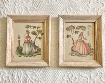 D A C New York set of 2 antique lithographs framed under glass ready to hang~1940s~5-1/4" wide x 6-1/4" long x 1/2" deep~lady~umbrella~bird