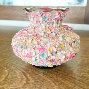 Pink seashell and silver glitter encrusted vase3-1/2 tall x 4 bottom diameterseashell mosaic folk art vase1950sshell artgift for Mom image 5