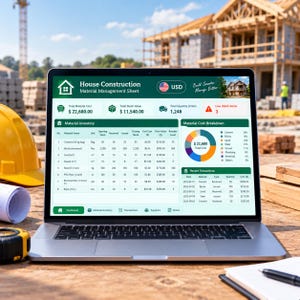 May include: A laptop displaying a House Construction Material Management Sheet dashboard with inventory tables, a cost breakdown pie chart, and recent transaction logs. The screen shows data for cement, bricks, sand, gravel, steel, and PVC pipe materials.