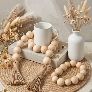 Natural Wood Bead Garland with Jute Tassels | Farmhouse Tiered Tray Decor | Rustic Boho Wooden Bead String | DIY Craft & Home Accent Gift