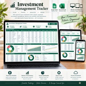 Può includere: Un foglio di calcolo Investment Management Tracker visualizzato su un portatile, un tablet e uno smartphone. L'interfaccia presenta tabelle di dati, grafici a torta e a linee verdi e bianche che mostrano l'allocazione e le prestazioni del portafoglio.