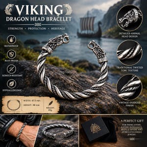 May include: A silver-toned metal bracelet featuring two dragon heads at the ends and a twisted torc texture with an oxidised finish. The bracelet measures 67.5 mm in width and 48 mm in height, with a total weight of 20 grams. The design includes intricate animal head detailing.