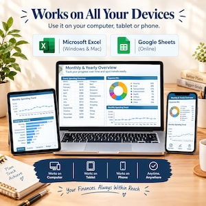 May include: A laptop, tablet, and smartphone displaying a financial tracking spreadsheet titled Monthly & Yearly Overview. The screen shows charts, expense mixes, and spending trends. Text includes Works on All Your Devices, Microsoft Excel, Google Sheets, and Your Finances. Always Within Reach.