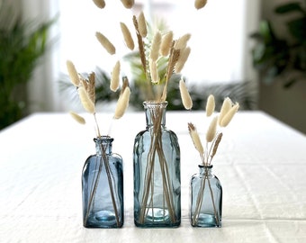 SET of 3 Blue/gray Spanish Recycled Glass bottles with corks,  beach home decor, colored glass bud vase, gift for her, blue bottle and cork