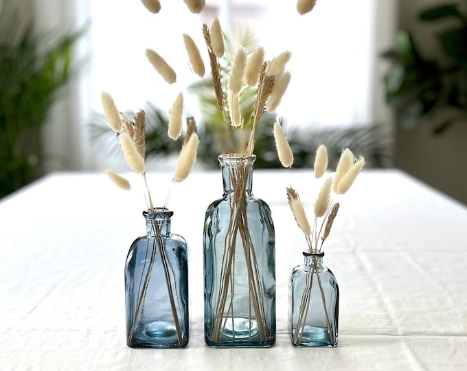 SET of 3 Blue/gray Spanish Recycled Glass bottles with corks
