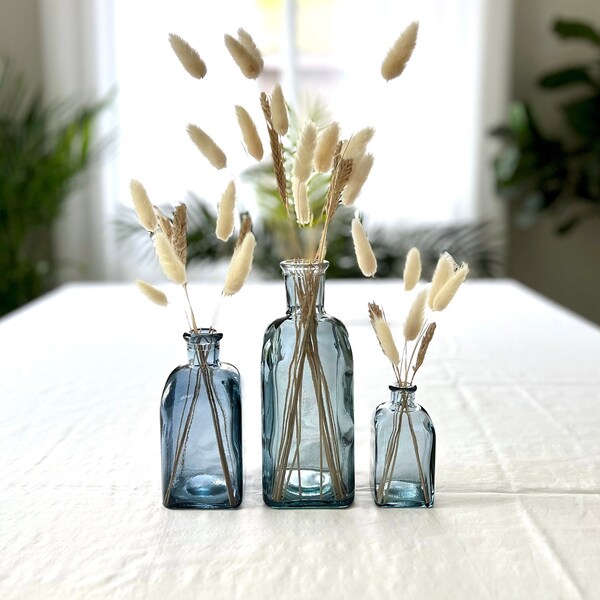 SET of 3 Blue/gray Spanish Recycled Glass bottles with corks,  beach home decor, colored glass bud vase, gift for her, blue bottle and cork