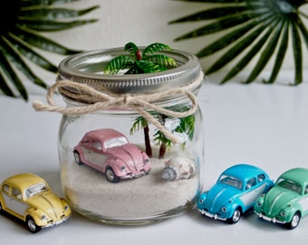 VW bug in a mason jar, Beach home decor, surf dorm decor, beach car in a jar, beach centerpiece. VW beetle pink blue yellow green beach gift