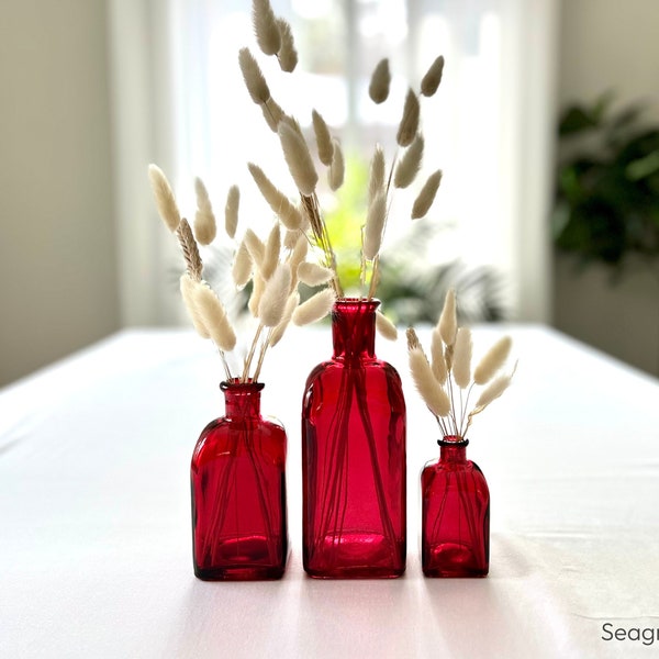 SET of 3 Ruby Red Spanish Recycled Glass bottles with corks,  eclectic home decor, colored glass bud vase, gift for her, red bottle cork
