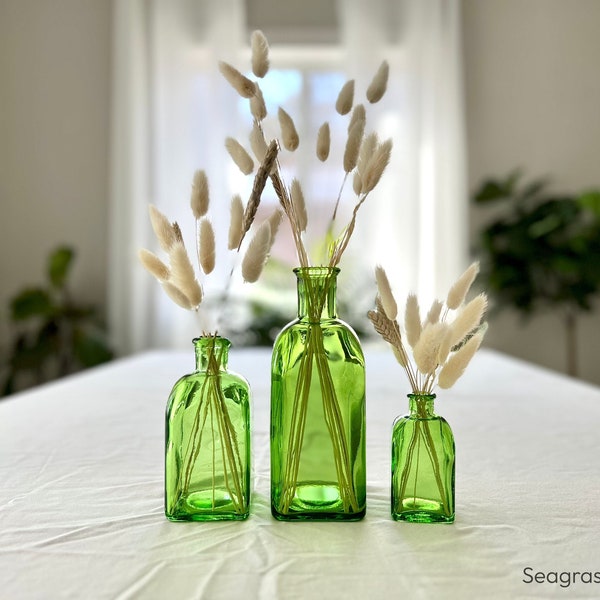 SET of 3 Grass Green Spanish Recycled Glass bottles with corks,  beach home decor, colored glass bud vase, gift for her, green bottle cork