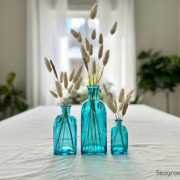 SET of 3 Turquoise Spanish Recycled Glass bottles with corks,  aqua beach home decor, colored glass bud vase, gift for her, aqua bottle cork