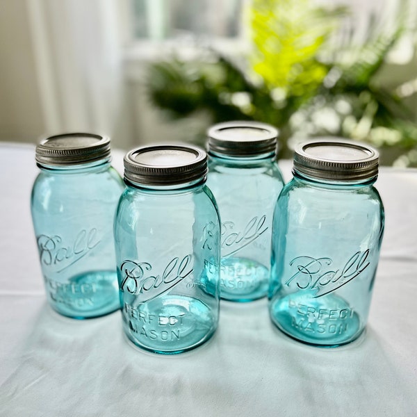 1 Aqua Blue quart Ball mason jar, farmhouse decor, blue ball jar, home gift, clean clear mason jar, beach home decor blue glass centerpiece