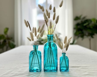 SET of 3 Turquoise Spanish Recycled Glass bottles with corks,  aqua beach home decor, colored glass bud vase, gift for her, aqua bottle cork