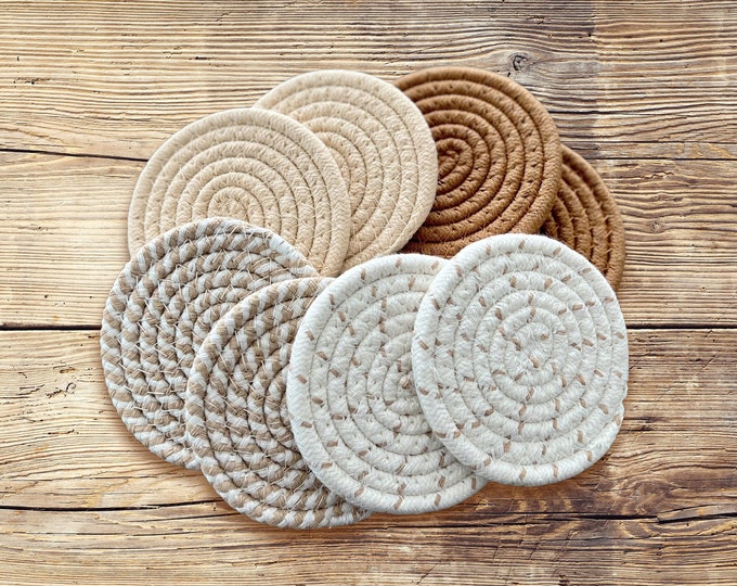 Fall earth tones rope coasters {set of 8} with holder