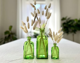 SET of 3 Grass Green Spanish Recycled Glass bottles with corks,  beach home decor, colored glass bud vase, gift for her, green bottle cork