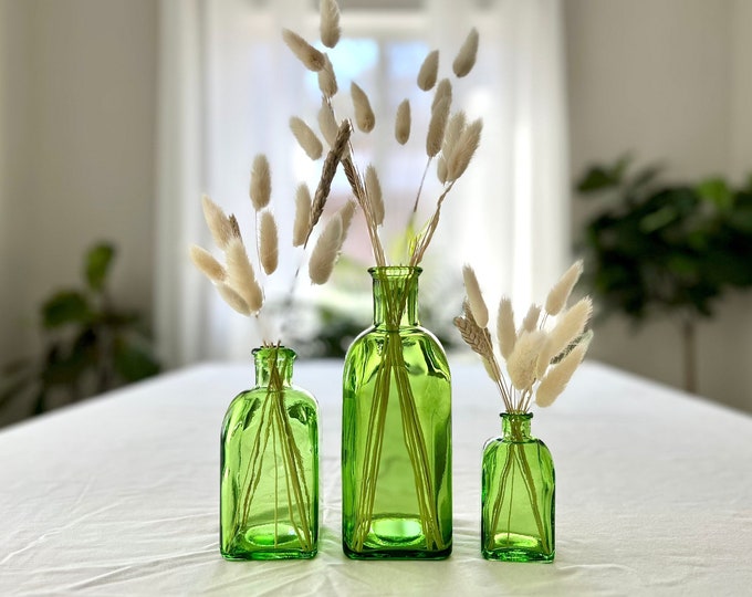 SET of 3 Grass Green Spanish Recycled Glass bottles with corks