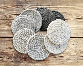 Grey and White cotton rope coasters {set of 8} with holder