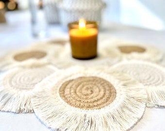 Boho Woven Coaster with Long Fringe {2 colors} gift for her, boho home decor, large coaster, cream beige brown coaster, housewarming gift