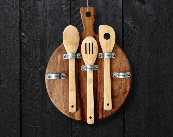 Acacia wood cutting board utensil holder with hooks