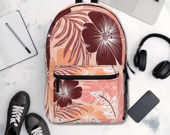 Back to school kids backpack, small book bag, pink tropical print aloha backpack, gift for her, girls small backpack, Hawaii print bag