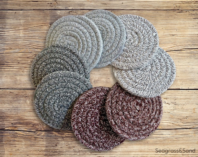 Winter home decor rope coasters {set of 8} with holder