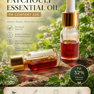May include: Two small glass bottles of dark amber patchouli essential oil with gold caps and white droppers. Text includes 100% NATURAL, PURE & NATURAL PATCHOULI ESSENTIAL OIL, PA CONTENT 32%, Nature's Essence, Purity You Can Trust, and various product details.
