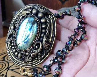 Labradorite Polymer Clay Pendant Necklace – Witchy Macrame Beaded Statement Talisman