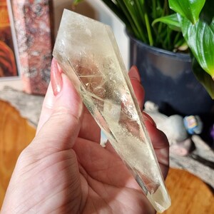 Op de afbeelding: Een heldere, langwerpige kristal met een puntige punt. De kristal wordt in een hand gehouden en toont zijn doorschijnende, lichtgele kleur. De facetten van de kristal vangen het licht op en onthullen interne patronen. De achtergrond omvat een potplant en andere kristallen.
