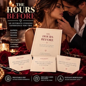 Könnte beinhalten: Ein Set aus cremefarbenen Karten mit rotem Text, betitelt The Hours Before, An Intimate Evening Experience For Two. Die Karten enthalten Aufforderungen wie First Spark, Anticipation und Closer mit kleinen Herzsymbolen.