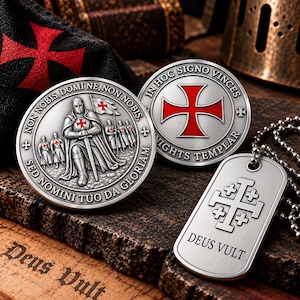 May include: Two silver-toned circular coins and a rectangular dog tag pendant with a ball chain. One coin depicts a kneeling knight with the text Non Nobis Domine Non Nobis Sed Nomini Tuo Da Gloriam. The other features a red cross and In Hoc Signo Vinces.