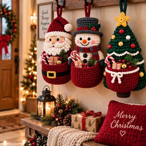 Christmas Crochet Santa, Snowman, Tree Wall Decorations | Holiday Yarn Crafts for Christmas Decor, Gift Ideas