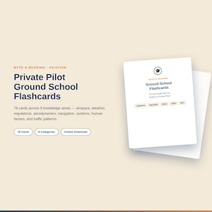 Puede incluir: Tarjetas de estudio para pilotos privados de Byte & Bearing. Un mazo de 78 tarjetas que cubre 8 áreas de conocimiento, incluyendo espacio aéreo, clima, regulaciones, aerodinámica, navegación, sistemas, factores humanos y patrones de tráfico.