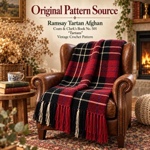 Tartan Crochet Blanket Pattern PDF | Vintage Red & Black Plaid Afghan | Ramsay Tartan Throw | Instant Download