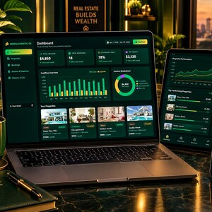 Może przedstawiać: Laptop, tablet i smartfon wyświetlające pulpit nawigacyjny Emerald Rental OS z ciemnozielonymi motywami, wykresami finansowymi, ofertami nieruchomości i wskaźnikami. Ciemnozielony kubek i notatnik z napisem Better Properties Bigger Dreams.