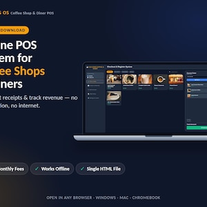 May include: A digital interface for a coffee shop and diner POS system displayed on a laptop screen. The dark-themed software features a checkout register, product menu with images, and order tracking. Text includes DINERPOS OS and system features.