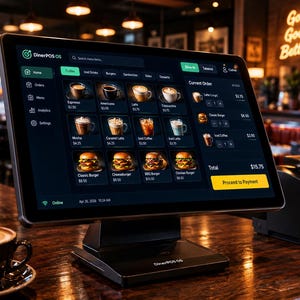 Może przedstawiać: Czarny terminal płatniczy z ekranem dotykowym wyświetlającym interfejs DinerPOS OS. Ekran zawiera menu z opcjami kawy i burgerów, listę bieżących zamówień oraz żółty przycisk Proceed to Payment umieszczony na drewnianej ladzie.