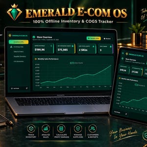 May include: A laptop and tablet displaying the Emerald E-Com OS dashboard with dark green themes, showing inventory management, sales performance graphs, and financial metrics. The interface includes text labels like Gross Revenue, Net Operating Profit, and Low Stock Alerts, with icons for tracking inventory, analysing sales, and managing suppliers.