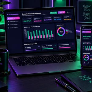 May include: A laptop and smartphone displaying an Executive Financial Dashboard with charts and data. A black mug reads "SMALL STEPS BIG RESULTS". A notebook reads "PLAN TRACK GROW". The scene is illuminated with neon green and purple lighting.