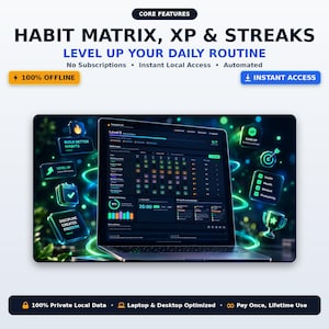 May include: A laptop displaying a habit tracking dashboard with dark mode interface, surrounded by floating 3D icons including a fire, calendar, trophy, and target. Text includes CORE FEATURES, HABIT MATRIX, XP & STREAKS, and 100% OFFLINE.