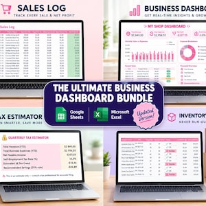 May include: A digital business dashboard bundle for Google Sheets and Microsoft Excel, featuring four laptop screens displaying a sales log, a business dashboard with charts, a quarterly tax estimator, and an inventory tracker for e-commerce management.