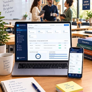 May include: A laptop and smartphone displaying the Lesson Planner Pro dashboard, a white mug with the text Better Lessons Bigger Dreams, a spiral notebook with a to-do list, a blue pen, and a stack of colourful sticky notes with the text Small steps Big impact.