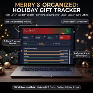 Christmas Gift Tracker Interactive HTML App Offline Holiday Planner Budget Calculator Digital Xmas Event Checklist Dashboard