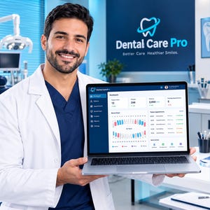 May include: A silver laptop displaying a Dental Care Pro software dashboard with patient data, revenue metrics, and a dental chart graphic. The screen interface includes navigation menus, appointment schedules, and quick action icons for clinical management.