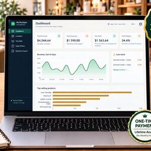 Puede incluir: Un ordenador portátil que muestra una interfaz de panel de control empresarial con gráficos de ingresos, métricas financieras y una lista de productos. La pantalla presenta un menú lateral oscuro y tarjetas de datos blancas.