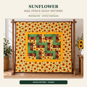 Patrón de colcha Sunflower Rail Fence, manta de patchwork de 9 bloques (descarga en PDF)