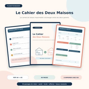 Peut inclure: Un carnet de liaison imprimable intitulé Le Cahier des Deux Maisons comprenant trois pages avec des instructions, une page de couverture avec deux icônes de maison et une page de suivi. Design aux tons bleu foncé, pêche et vert sauge.