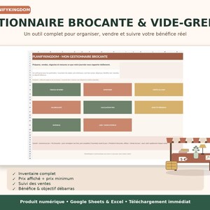 May include: A digital spreadsheet template for flea market and garage sale management titled GESTIONNAIRE BROCANTE & VIDE-GRENIER. The interface features a grid of colored buttons for tracking inventory, sales, and profits, compatible with Google Sheets and Excel.