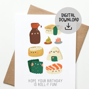 Tarjeta digital de sushi con divertida tarjeta de cumpleaños kawaii