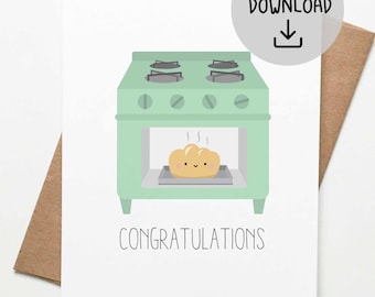 Bun in the Oven Baby Shower Card- Hand-Drawn Digital PDF